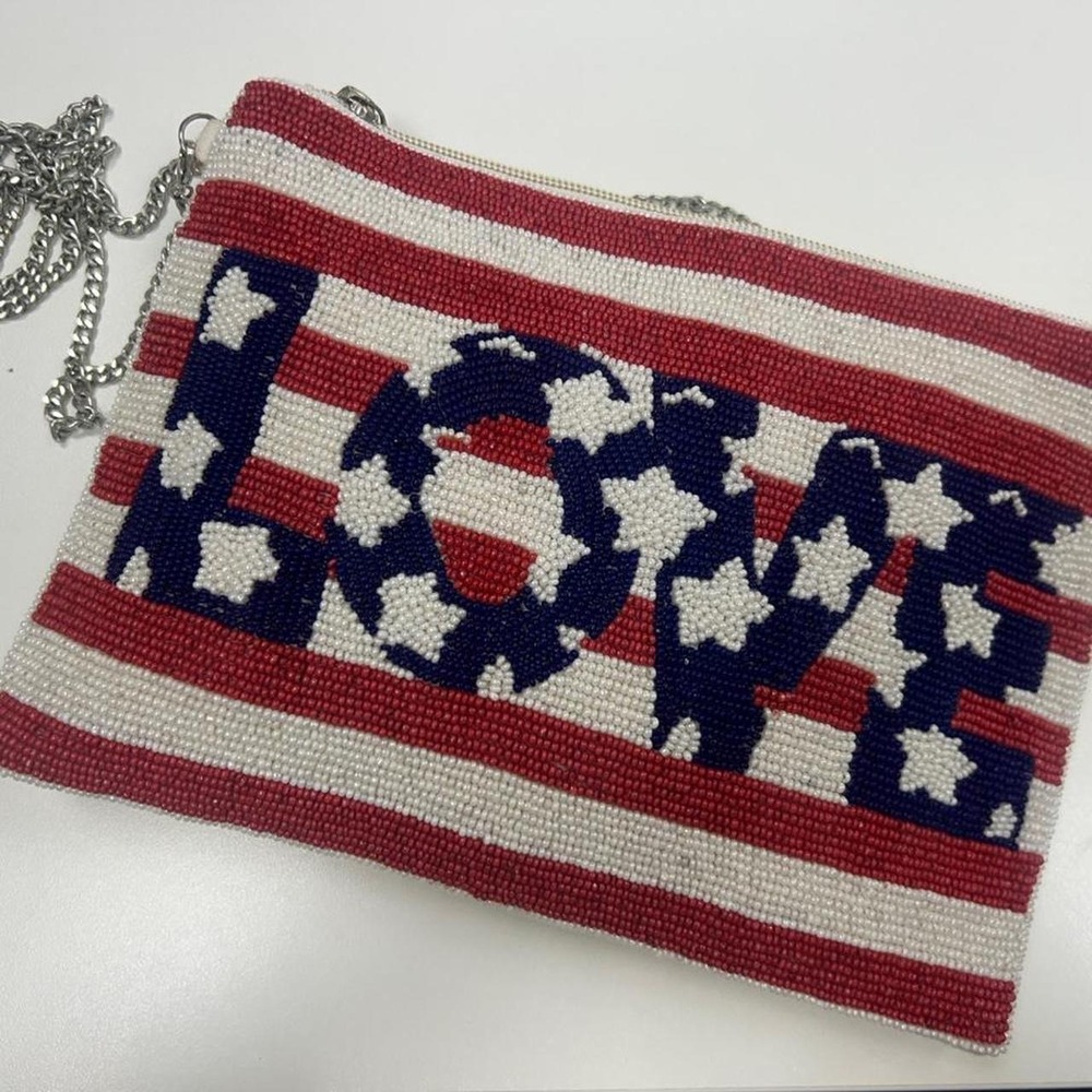 Vintage Beaded Crossbody Bag USA Flag Chain Y2K Americana Festival Coquette
